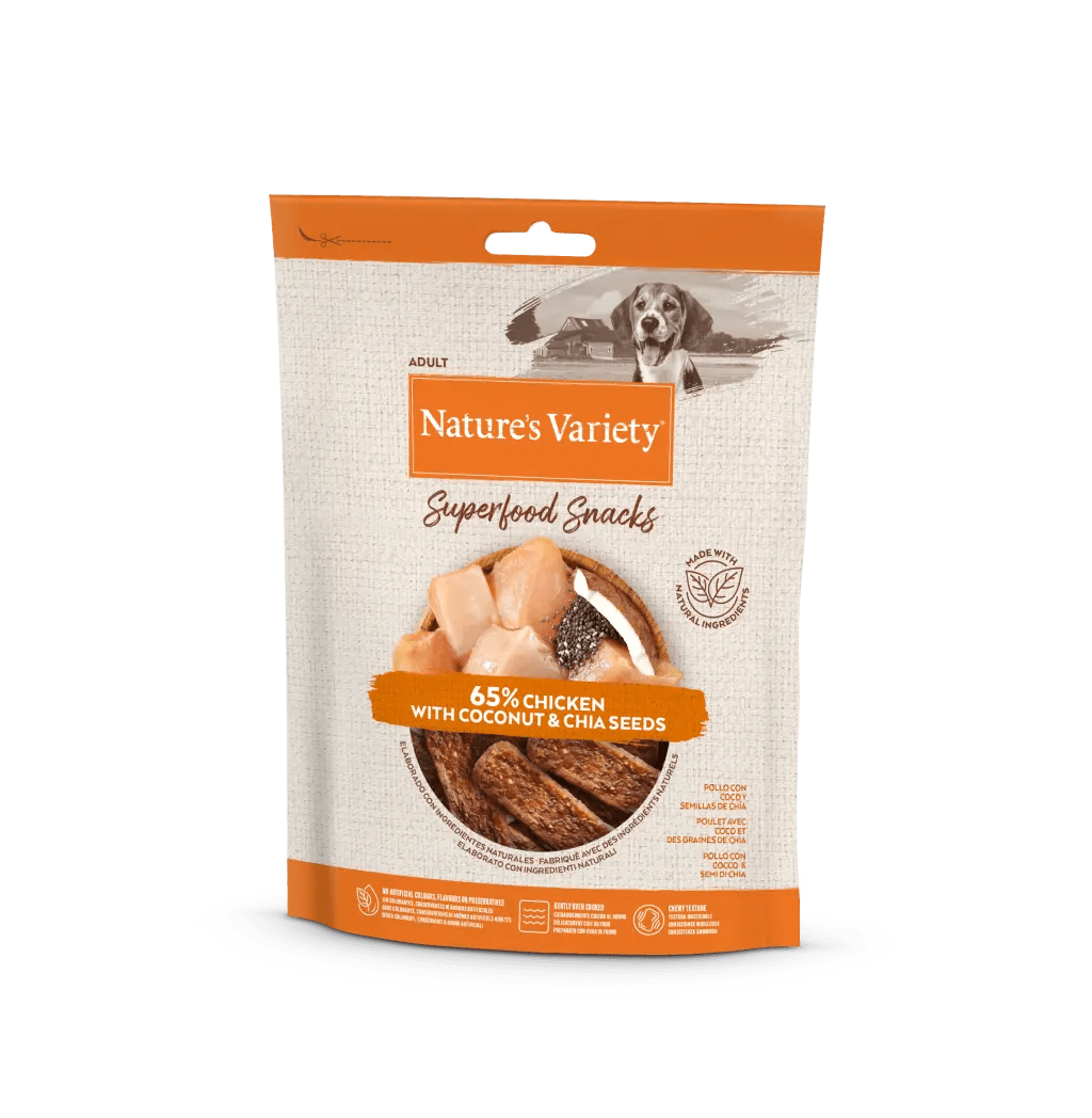 Snack natural para perro adulto con pollo, coco y semillas de chía. Barritas masticables cocidas al horno con ingredientes naturales y superfoods.