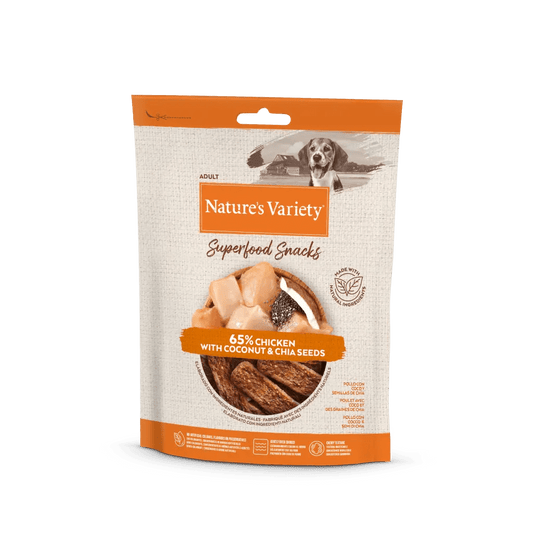 Snack natural para perro adulto con pollo, coco y semillas de chía. Barritas masticables cocidas al horno con ingredientes naturales y superfoods.