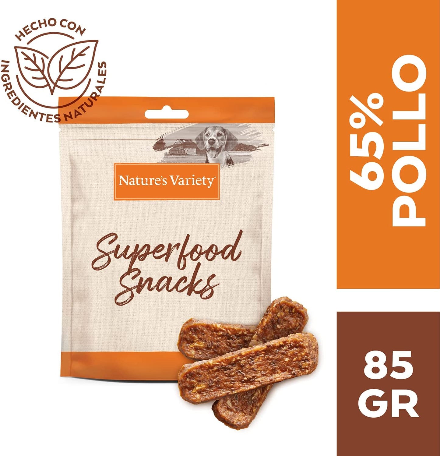 Snack natural para perro adulto con pollo, coco y semillas de chía. Barritas masticables cocidas al horno con ingredientes naturales y superfoods.