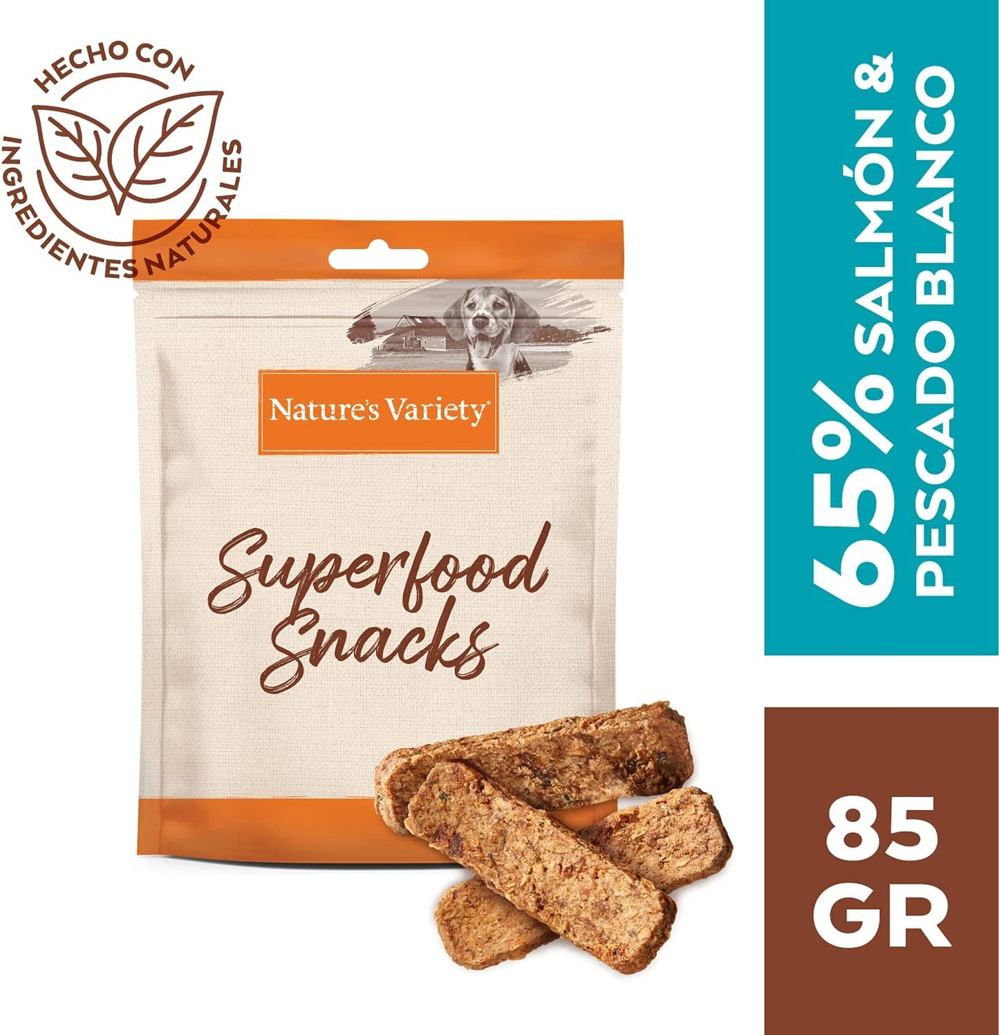 Snack natural para perro adulto Nature’s Variety con salmón, pescado blanco y superfoods, cocido al horno y bajo en calorías.