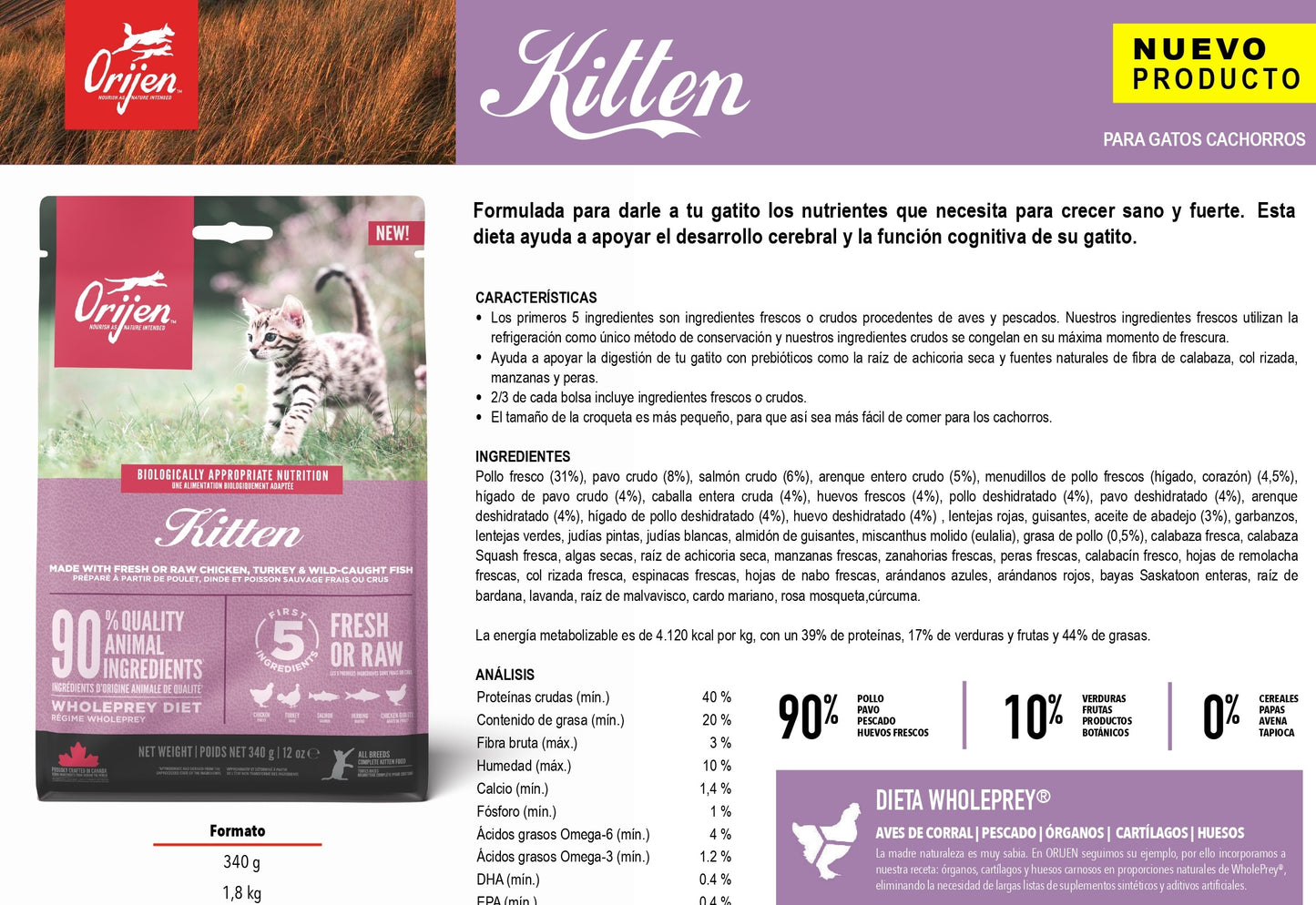 Pienso ORIJEN Kitten natural sin cereales para gatitos con pollo, pavo y salmón
