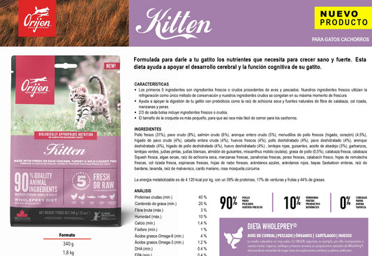 Pienso ORIJEN Kitten natural sin cereales para gatitos con pollo, pavo y salmón