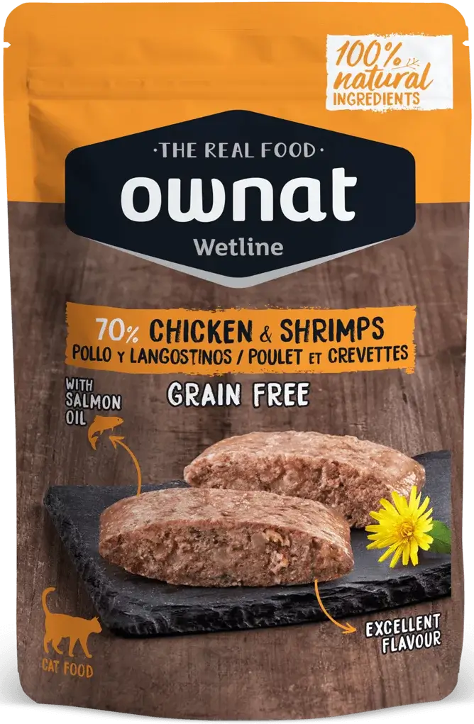 Ownat Wetline Cat – Comida húmeda sin cereales con pollo y langostinos