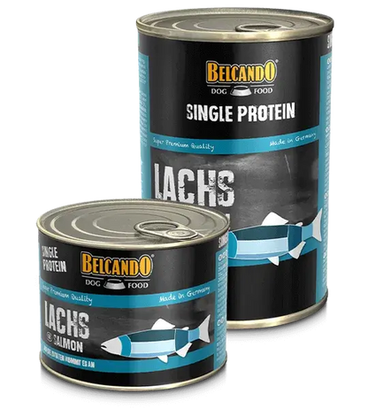 Lata de comida húmeda BELCANDO Single Protein Salmón 400 g para perros adultos con alergias o dietas de eliminación, monoproteica y natural.
