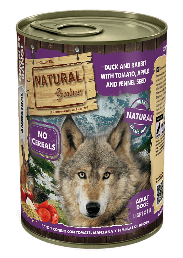 NATURAL GREATNESS pato y conejo con tomate, manzana y semilla de hinojo | comida húmeda para perros.  Gabo y Gordo E Shop, la mejor tienda online en las Islas Canarias, España, tienda online para mascotas, perros, gatos, conejos, tortugas, animales, accesorios para mascotas en general. 