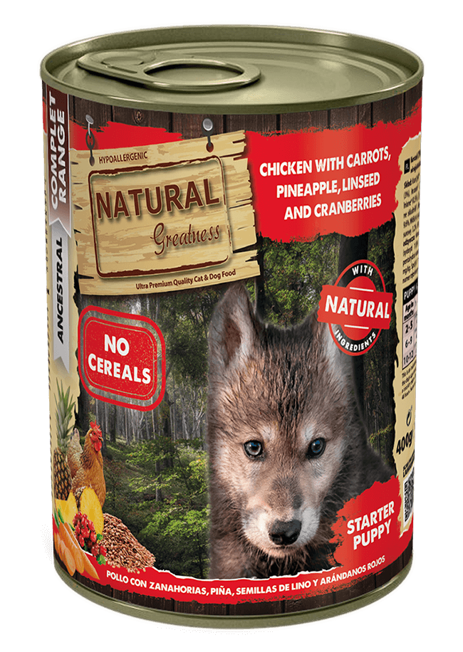 NATURAL GREATNESS pollo con zanahoria, piña, semillas de lino y arándanos rojos | comida húmeda para cachorros.  Gabo y Gordo E Sho | comida húmeda para perros  adultos | 12 latas de 400 g.  Gabo y Gordo E Shop, la mejor tienda online en las Islas Canarias, España, tienda online para mascotas, perros, gatos, conejos, tortugas, animales, accesorios para mascotas en general. Gabo y Gordo E Shop in Canary Islands, the best store for pets, dogs, cats, rabbits, turtles, animals, pet accessories.
