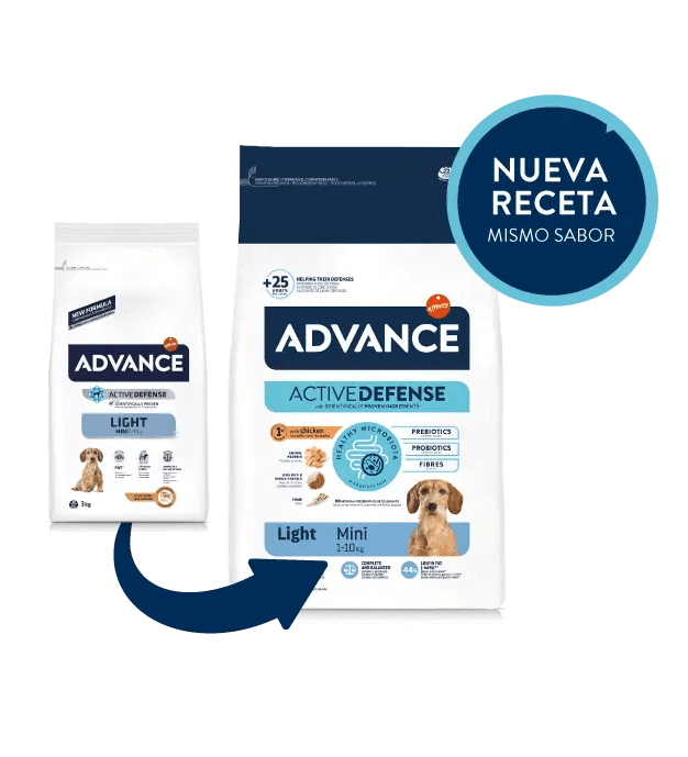 Saco de pienso ADVANCE Adult Light Mini con pollo y arroz para perros adultos de razas pequeñas.