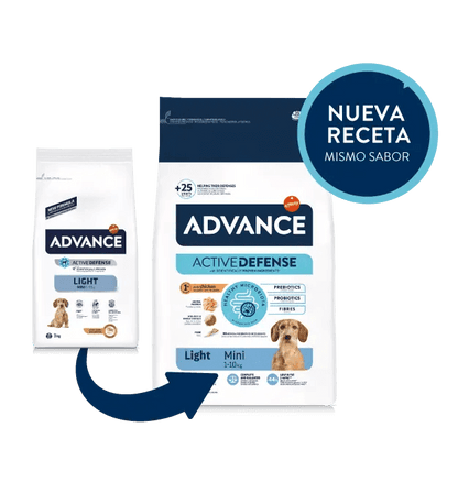 Saco de pienso ADVANCE Adult Light Mini con pollo y arroz para perros adultos de razas pequeñas.