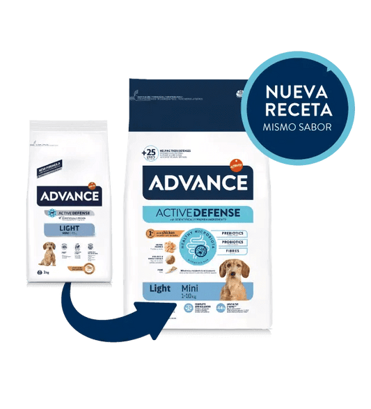 Saco de pienso ADVANCE Adult Light Mini con pollo y arroz para perros adultos de razas pequeñas.