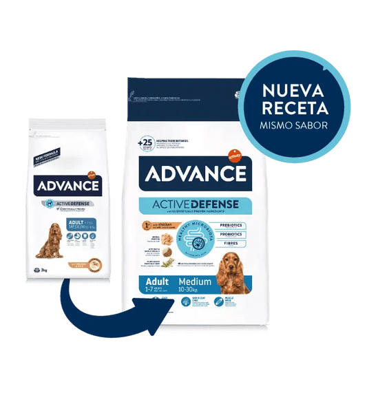 Saco de pienso ADVANCE Adult Medium con pollo y arroz para perros adultos de razas medianas.