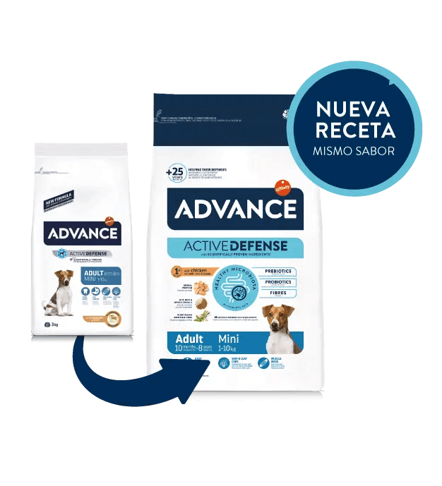 Envase de ADVANCE Adult Mini, pienso con pollo y arroz para perros adultos de razas pequeñas.