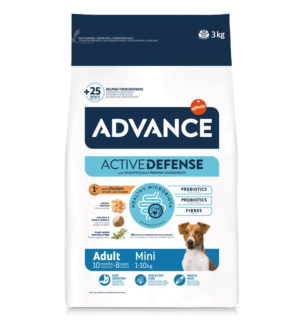 Envase de ADVANCE Adult Mini, pienso con pollo y arroz para perros adultos de razas pequeñas.