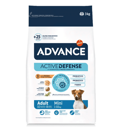 Envase de ADVANCE Adult Mini, pienso con pollo y arroz para perros adultos de razas pequeñas.