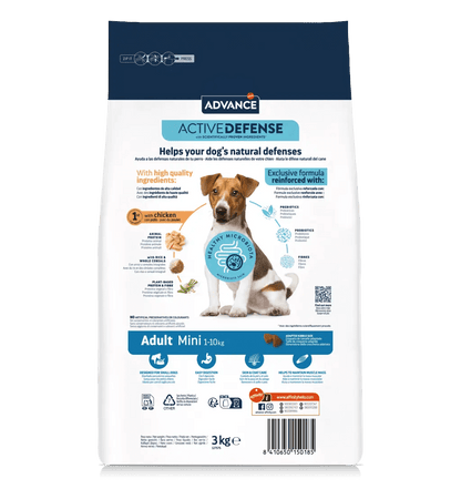 Saco de pienso ADVANCE Adult Mini con pollo y arroz para perros adultos de razas pequeñas.