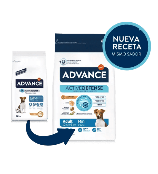 Saco de pienso ADVANCE Adult Mini con pollo y arroz para perros adultos de razas pequeñas.