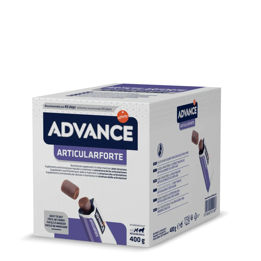 Envase de ADVANCE ArticularForte, suplemento articular en formato snack para perros.