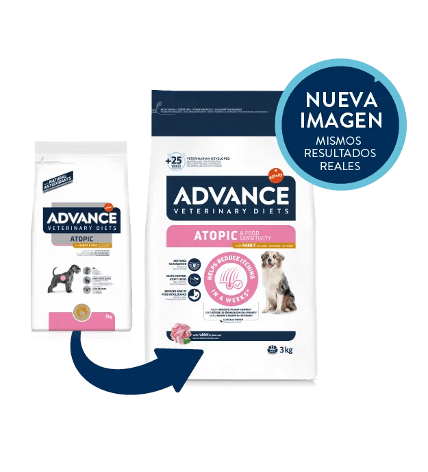 Saco de pienso veterinario ADVANCE Atopic con conejo y guisantes, sin cereales, para perros adultos.