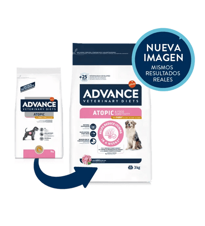 Saco de pienso veterinario ADVANCE Atopic con conejo y guisantes, sin cereales, para perros adultos.