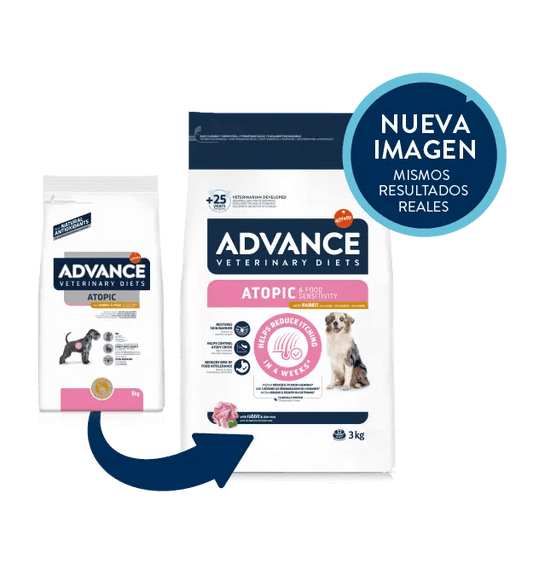 Saco de pienso veterinario ADVANCE Atopic con conejo y guisantes, sin cereales, para perros adultos.