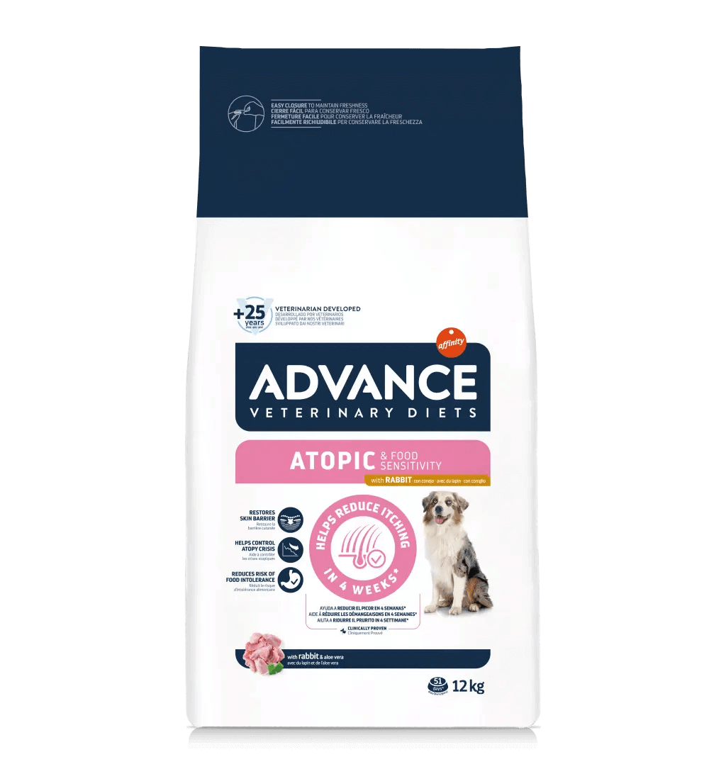 Saco de pienso veterinario ADVANCE Atopic con conejo y guisantes, sin cereales, para perros adultos.
