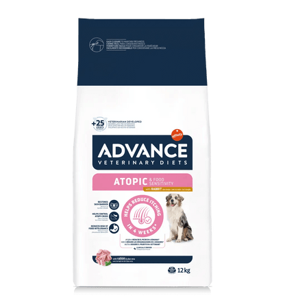Saco de pienso veterinario ADVANCE Atopic con conejo y guisantes, sin cereales, para perros adultos.