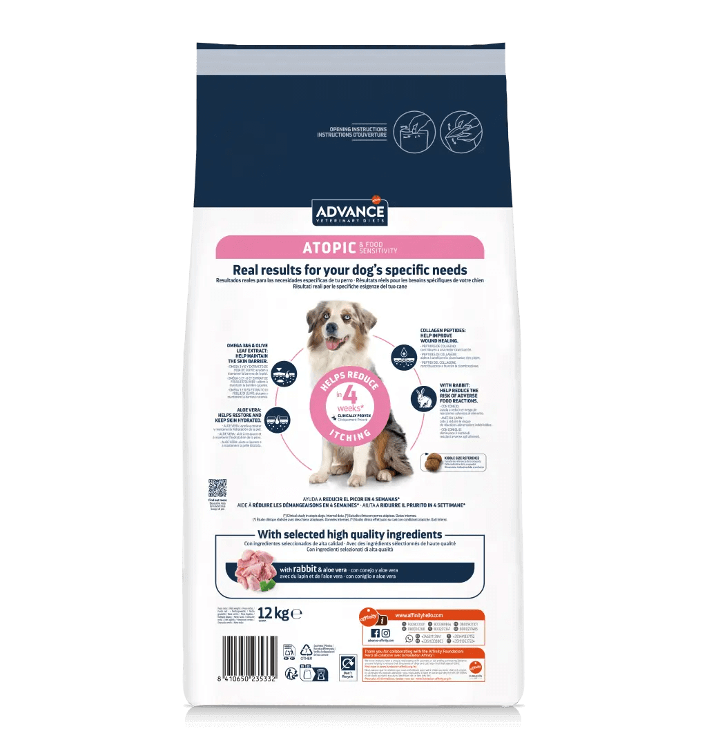 Saco de pienso veterinario ADVANCE Atopic con conejo y guisantes, sin cereales, para perros adultos.