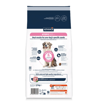 Saco de pienso veterinario ADVANCE Atopic con conejo y guisantes, sin cereales, para perros adultos.