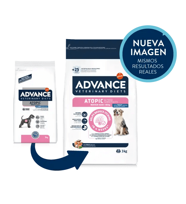 Saco de pienso veterinario ADVANCE Atopic Medium/Maxi con trucha para perros medianos y grandes.