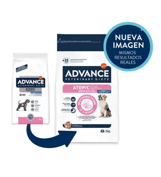 Saco de pienso veterinario ADVANCE Atopic Medium/Maxi con trucha para perros medianos y grandes.