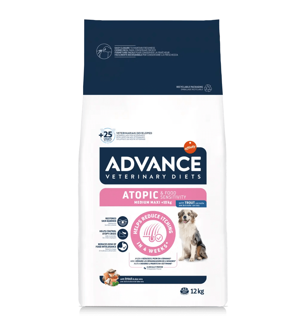 Saco de pienso veterinario ADVANCE Atopic Medium/Maxi con trucha para perros medianos y grandes.