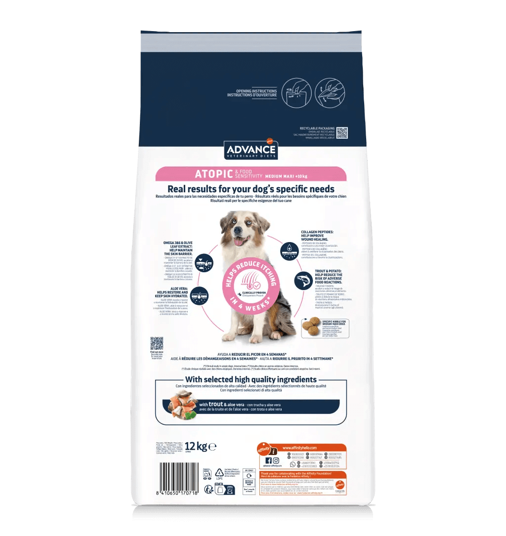 Saco de pienso veterinario ADVANCE Atopic Medium/Maxi con trucha para perros medianos y grandes.