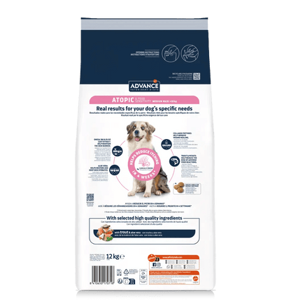 Saco de pienso veterinario ADVANCE Atopic Medium/Maxi con trucha para perros medianos y grandes.