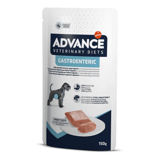 ADVANCE Gastroenteric Adult – comida húmeda veterinaria digestiva para perros adultos y cachorros mayores de 14 semanas. Pack 8 x 150 g, disponible en Gabo y Gordo E Shop.