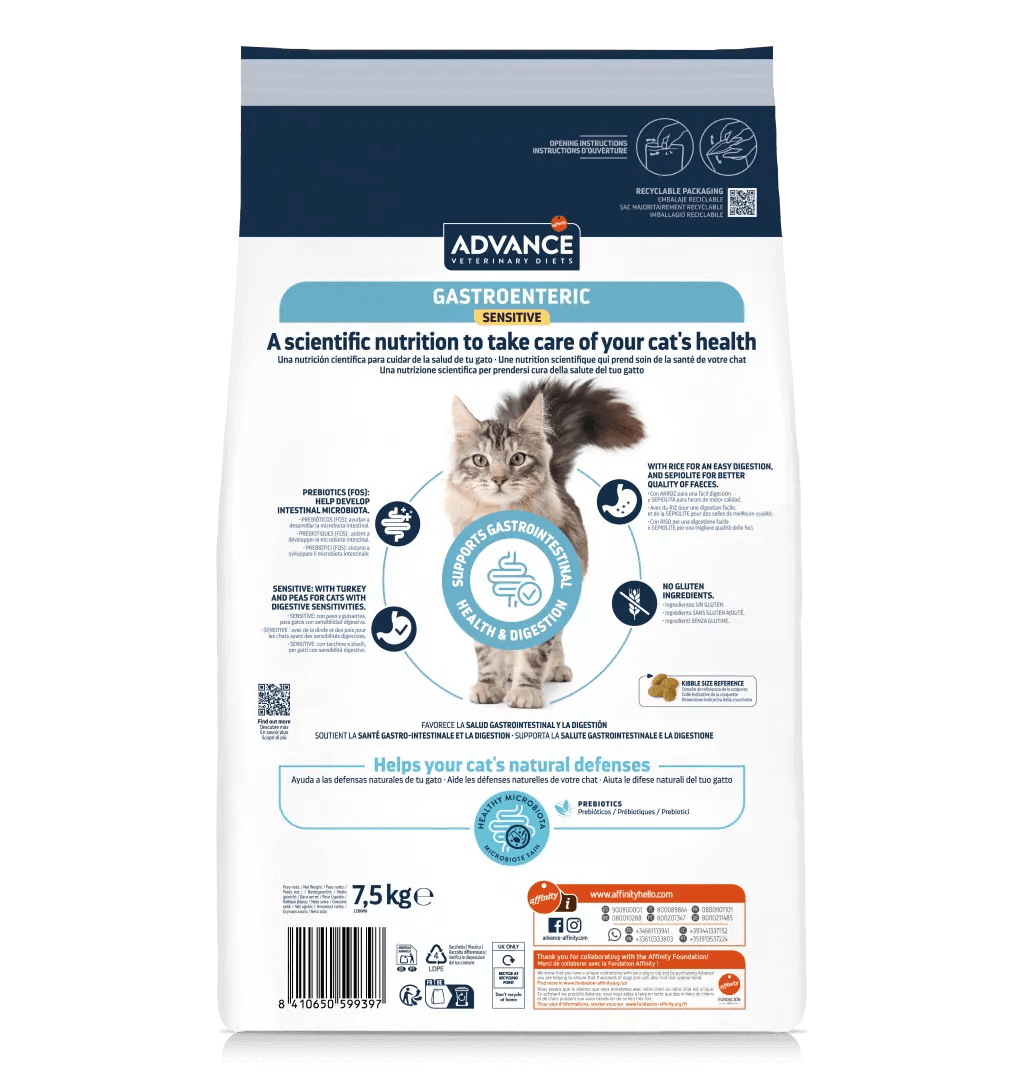 Saco de 1,5 kg de pienso veterinario ADVANCE Vet Gastroenteric Sensitive para gatos.