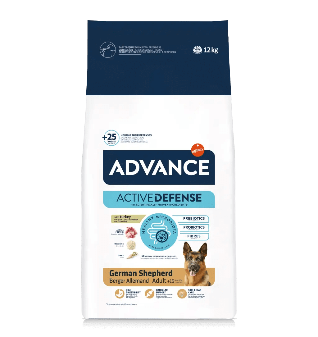 Saco de 12 kg de pienso ADVANCE German Shepherd para perros Pastor Alemán adultos.