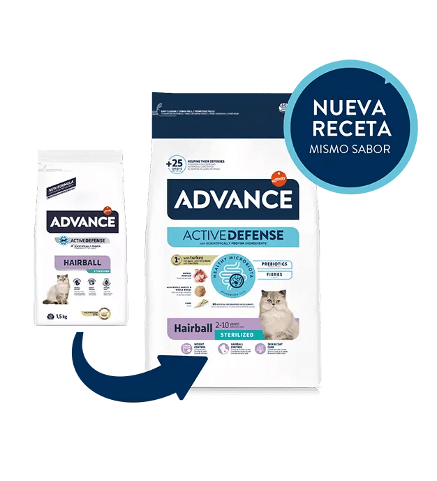 Saco de pienso ADVANCE Hairball Sterilized con pavo para gatos esterilizados y control de bolas de pelo.