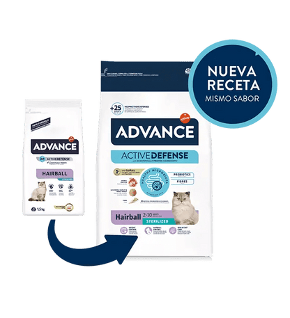 Saco de pienso ADVANCE Hairball Sterilized con pavo para gatos esterilizados y control de bolas de pelo.
