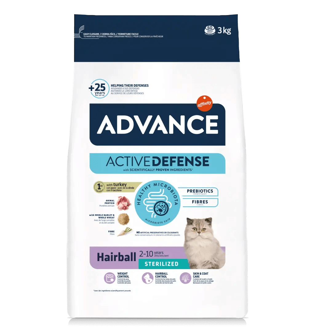 Saco de pienso ADVANCE Hairball Sterilized con pavo para gatos esterilizados y control de bolas de pelo.