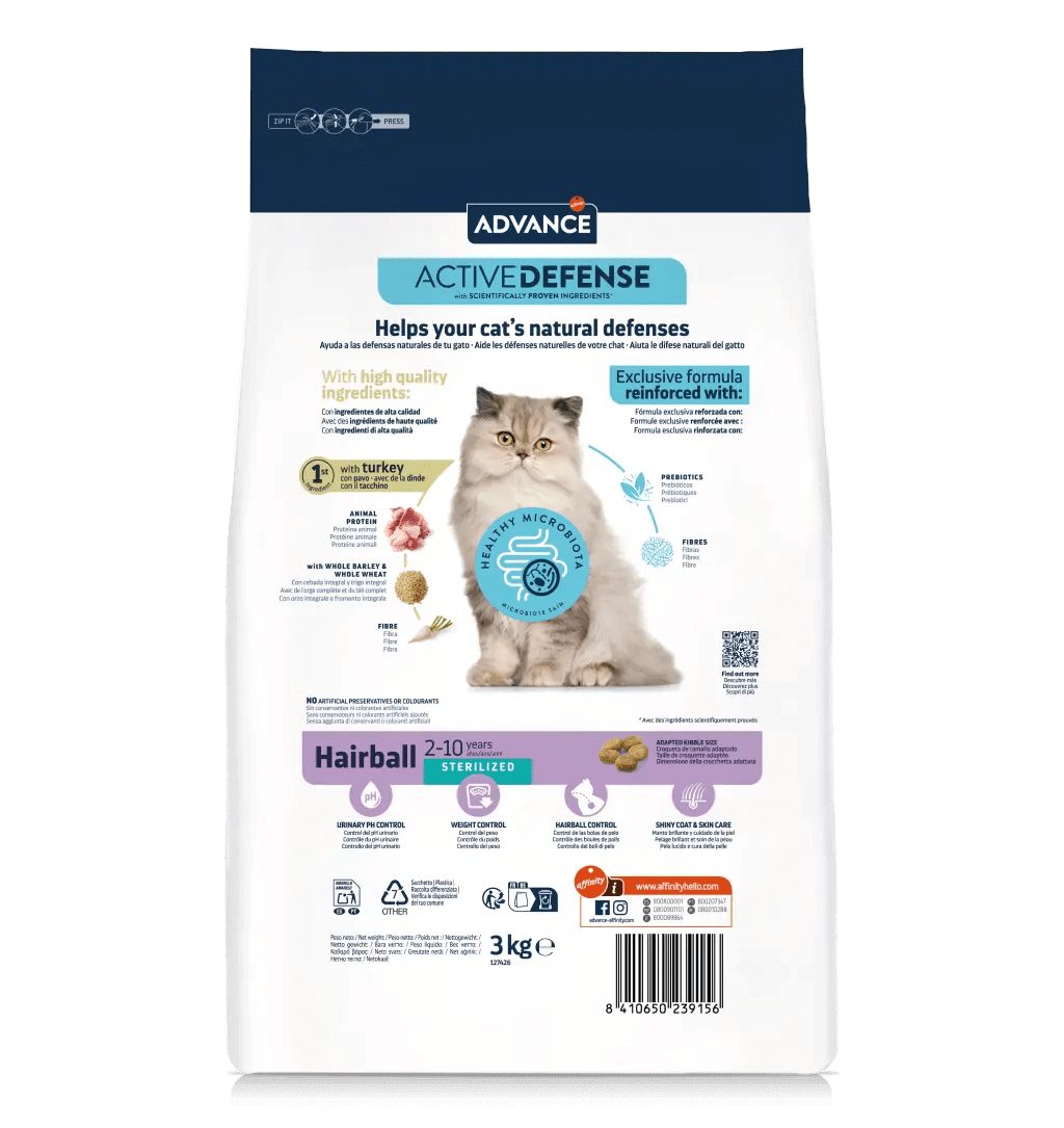 Saco de pienso ADVANCE Hairball Sterilized con pavo para gatos esterilizados y control de bolas de pelo.