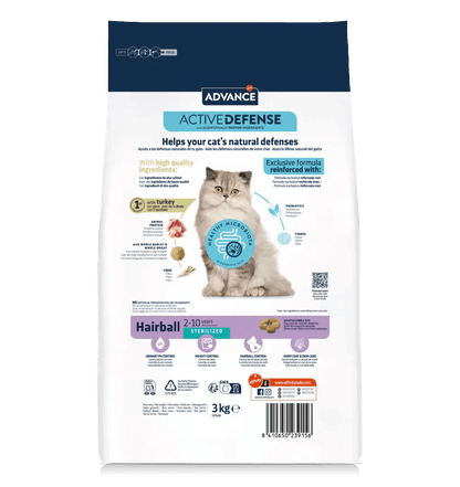 Saco de pienso ADVANCE Hairball Sterilized con pavo para gatos esterilizados y control de bolas de pelo.
