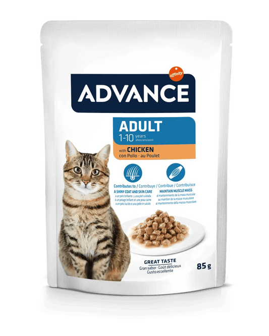 Comida húmeda ADVANCE para gatos adultos con pollo, pack 12 sobres de 85 g