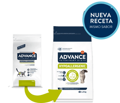 Gato adulto junto al pienso ADVANCE Hypoallergenic 1,25 kg – alimento hipoalergénico para alergias e intolerancias alimentarias.