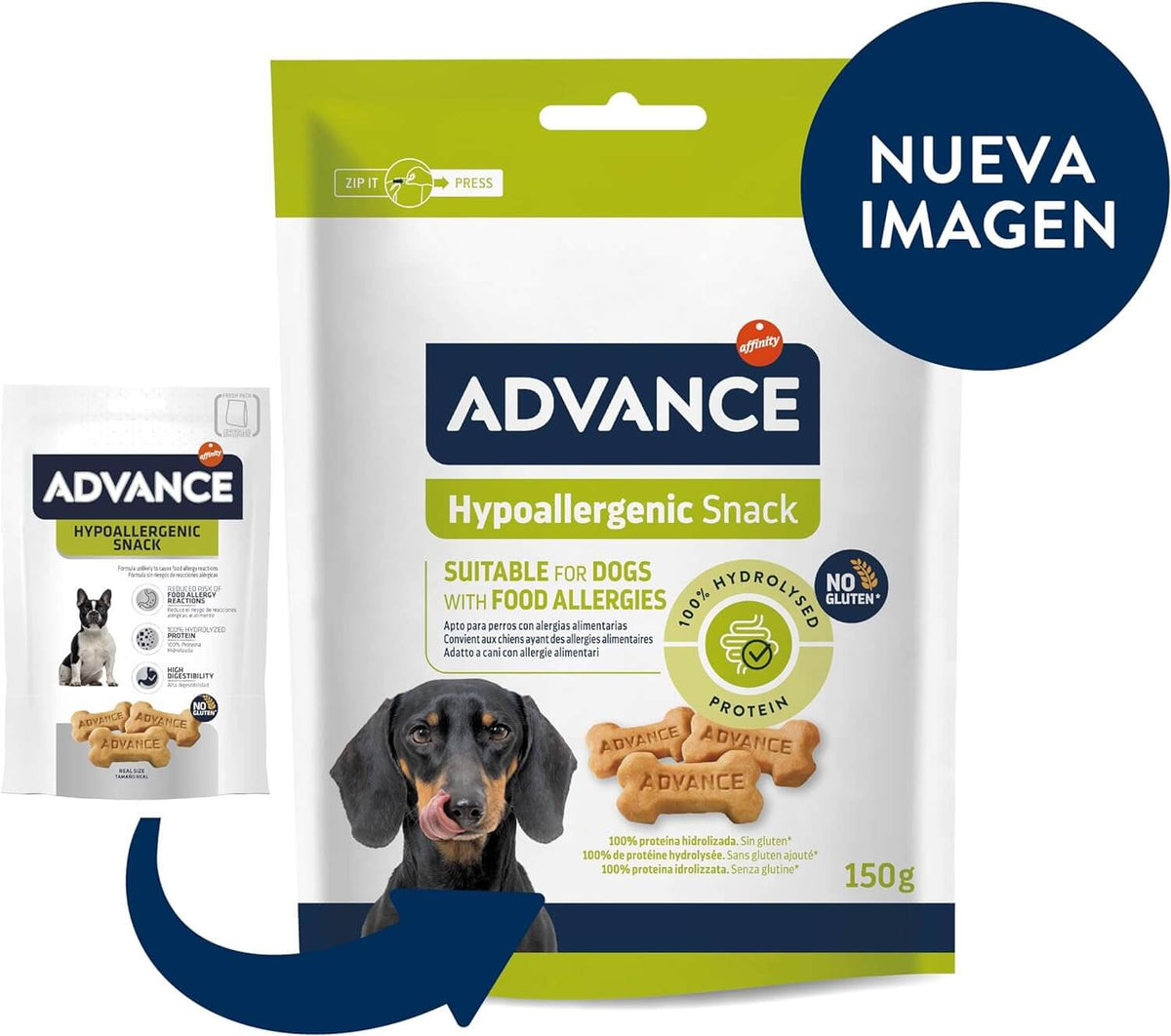 Envase de 150 g de ADVANCE Hypoallergenic Snack, premios hipoalergénicos para perros.