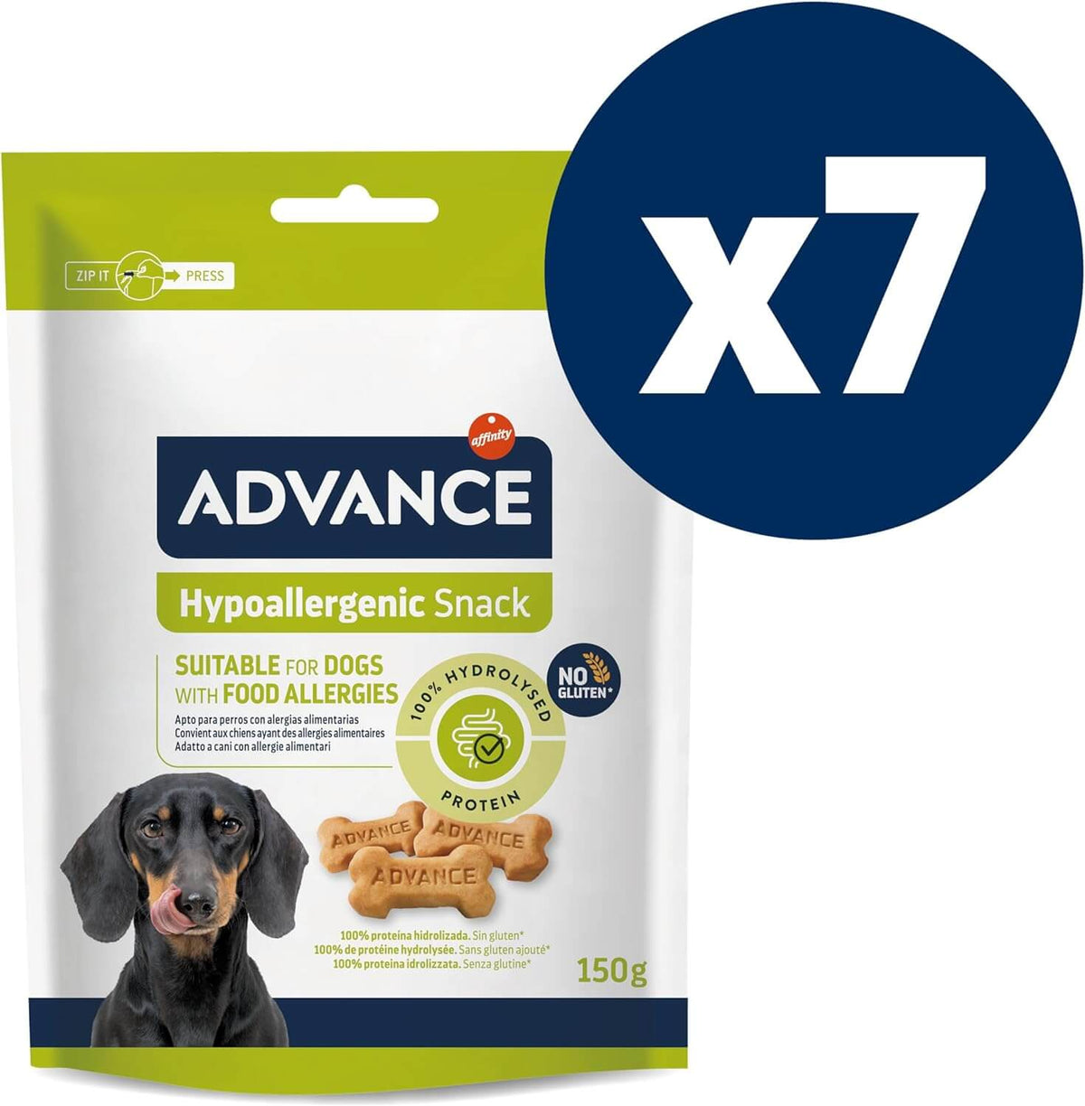Envase de 150 g de ADVANCE Hypoallergenic Snack, premios hipoalergénicos para perros.