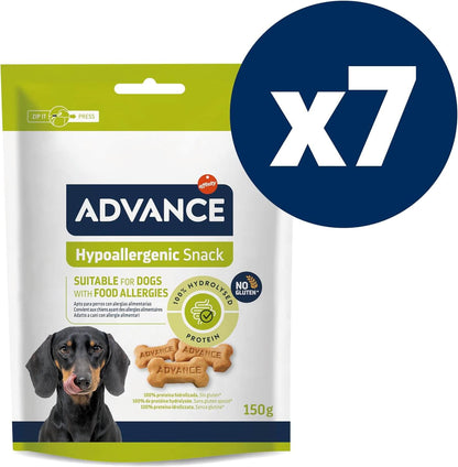 Envase de 150 g de ADVANCE Hypoallergenic Snack, premios hipoalergénicos para perros.