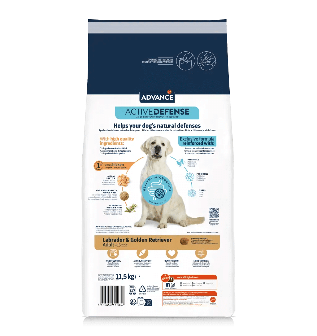 Saco de 11,5 kg de pienso ADVANCE Labrador & Golden Retriever para perros adultos.