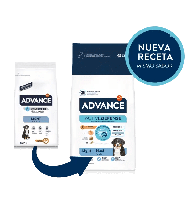 Saco de pienso ADVANCE Light Maxi con pollo y arroz para perros adultos de razas grandes.