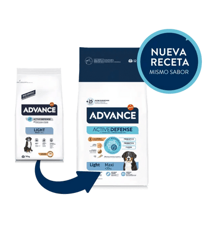 Saco de pienso ADVANCE Light Maxi con pollo y arroz para perros adultos de razas grandes.