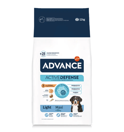 Saco de pienso ADVANCE Light Maxi con pollo y arroz para perros adultos de razas grandes.