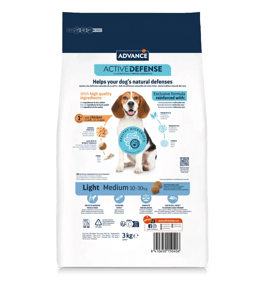 Saco de pienso ADVANCE Light Medium para perros adultos de razas medianas.